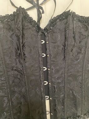 Black Brocade Corset Top with Lace Trim with matching black lace gloves
